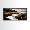 Golden Marsh, Ocean Landscape, Black and White Contrast, Nature Inspired, Minimalist Art, Framed Canvas Print, Bedroom Wall Decor