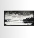 Monochrome Landscape Art, Misty Lake Canvas Print, Nature Wall Decor, Black and White Painting, Living Room Artwork, Framed Canvas Print