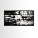 Waterfall Landscape, Black and White Nature Art, Forest Wall Decor, Rustic Art, Minimalist Landscape, Cabin Artwork, Framed Canvas Print