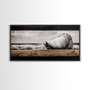 Seashell and Waves, Nautical Art, Coastal Beach Decor, Black and White Seascape, Ocean Home Art, Framed Canvas Print, Elegant Art