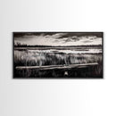 Marshland, Serene, Nature, Black and White, Framed Canvas Print, Landscape Painting, Rustic Wall Art, Cabin Decor, Neutral Tone Art