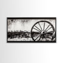 Wagon Wheel, Mountain Landscape, Black and White Western Art, Rustic Home Decor, Framed Canvas Print, Farmhouse Living Room Art