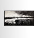 Marshland Landscape, Moody Black and White Art, Nature Wall Decor, Large Framed Canvas Print, Serene Wetlands Painting