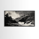 Waterfall Painting, Dramatic Nature, Mountain River, Framed Canvas Print, Monochrome Art, Nature Decor, Lodge Wall Art, Rustic Home