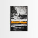 Volcanic Sunset, Black and White, Dramatic Sky, Framed Canvas Print, Moody Wall Art, Modern Landscape, Office Decor, Nature Aesthetic