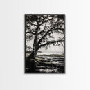 Tree Silhouette, Black White Art, Canvas Print, Dramatic Landscape, Coastal Wall Art, Nature Scene, Monochrome Decor, Minimalist Art