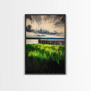Lakeside Pier, Landscape Painting, Framed Canvas Print, Nature Wall Art, Blue Sky Art, Serene Lake View, Living Room Decor