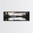 Mountain Reflection, Tranquil Lake Art, Black and White Landscape, Nature Inspired Decor, Framed Canvas Print, Cabin Wall Art, Moody Forest Scene