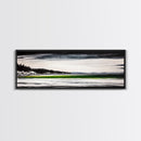 Serene Lake, Monochrome Water Art, Minimalist Nature, Dramatic Sky, Green Accent, Modern Home Wall Decor, Framed Canvas Print