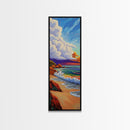 Peaceful Shoreline, Colorful Sunset, Framed Canvas Print ocean waves art, colorful sunset beach painting, vibrant sky seascape, nature art