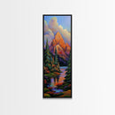 Mountain Pines, Autumn Stream, Framed Canvas Print vibrant alpine landscape painting, autumn trees and lake reflection, rustic lodge wall decor
