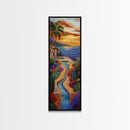 Sunset, Palms, Cactus, Stream - Framed Canvas Print, Tropical Desert Wall Art, Southwest Coastal Decor, Colorful Living Room Boho Painting