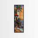 Seaside, Villa, Sunset, Palms, Framed Canvas Print, Coastal tropical wall art, beach house decor, boho living room painting, colorful home vibes