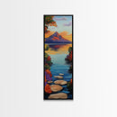 Pathway Lake, Mountains, Framed Canvas Print, Tranquil mountain lake trail painting with floral path, cabin wall art, rustic living room decor