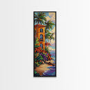 Villa Palms, Beach Colorful — Framed Canvas Print, tropical vacation home decor, beach house art, vibrant coastal scene, entryway print