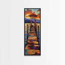 Sunset Pier, Pathway, Landscape, Framed Canvas Print, Coastal Wall Art, Sunset Beach Decor, Living Room Art, Colorful Landscape Painting