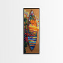 Surfboard Tropical, Sunset, Palm, Framed Canvas Print, Hawaiian surf art, beach house decor, vibrant coastal living room artwork