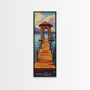 Colorful Pier, Archway, Water — Framed Canvas Print of a vibrant pier scene, coastal wall art, boho lake house decor, office accent
