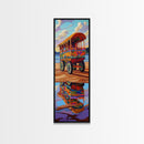 Wagon Reflection, Beach Vibrant, Framed Canvas Print, Colorful bohemian coastal art, living room decor, whimsical wall painting