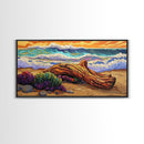 Coastal Driftwood, Waves, Sunset, Framed Canvas Print, ocean beach decor, colorful seascape, tropical wall art, living room wall art