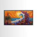 Ocean Wave, Sunset, Lighthouse, Framed Canvas Print vibrant coastal art, whimsical seascape painting, tropical decor, beach wall art