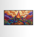 Campfire, Mountains, Glow, Vibrant campfire scene with colorful mountains and plants, Framed Canvas Print, rustic cabin wall art