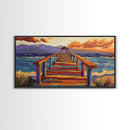 Pier Ocean, Sunset, Vibrant sunset over colorful pier walkway into the sea, Framed Canvas Print, coastal living decor