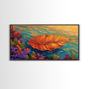 Leaf, Autumn, Floating, Nature, Framed Canvas Print, Fall themed leaf painting, cozy seasonal decor, rustic kitchen wall art