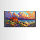 Cabin by Ocean, Colorful Beach Sunset, Cloudy Sky Art, Canvas Print, Autumn Wall Decor, Cozy Living Room Art, Rustic Coastal Scene