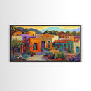 Colorful Adobe Homes, Desert Village Scene, Southwest Art Style, Canvas Print, Boho Wall Decor, Vibrant Courtyard Painting