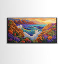 Ocean Cliff View, Crashing Waves Sunset, Bold Coastal Art, Framed Canvas Print, Nature Inspired Decor, Vibrant Seascape Painting