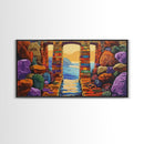 Ocean Doorway View, Colorful Stone Arch, Vibrant Seaside Escape, Canvas Print, Boho Coastal Wall Art, Mediterranean Dream Artwork