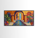 Courtyard Fountain, Colorful, Mediterranean, Framed Canvas Print, Spanish Style Art, Hallway Wall Decor, Bold Architecture Painting