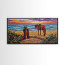Horse Beach, Sunset, Western, Framed Canvas Print, Cowboy Art, Coastal Wall Decor, Rustic Boho Style, Entryway Statement Piece