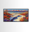 Winter River, Snow, Colorful, Framed Canvas Print, Winter Wonderland Art, Vibrant Seasonal Landscape, Cozy Cabin Wall Decor