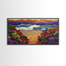 Waves Beach, Sunset, Coastal, Framed Canvas Print, Ocean Wall Art, Colorful Seascape Decor, Nautical Living Room Accent, Coastal Vibes