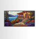 Lake Cabin, Garden, Pathway, Framed Canvas Print lakeside retreat artwork, rustic home wall art, cozy landscape scene, autumn print