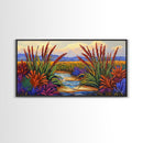 Marsh Grassland, Sunset, Scene, Framed Canvas Print rustic farmhouse art, colorful Fall wall decor, bedroom landscape canvas