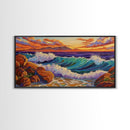 Coastal Splash, Sunset Rocks, Ocean Wave, Framed Canvas Print, Bold Nature Wall Art, Living Room Decor, Vibrant Seaside Artwork