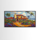Tropical Villa, Palm Trees, Coastal, Framed Canvas Print, Spanish beach house art perfect Dining Room Wall Art or Vacation Home Decor