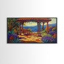 Garden Ocean View, Terrace, Framed Canvas Print, Serene garden bench by the ocean with colorful flowers, perfect Living Room Wall Art