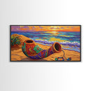 Horn Sand, Sunset, Shore, Framed Canvas Print boho beach decor, living room Mexican art, coastal horn painting, rustic folk art