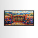 Gate Flowers, Mountains, Country, Framed Canvas Print rustic floral country gate art, bright farmhouse boho garden decor, patio print