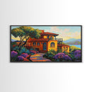 Villa Hillside, Coastal, Colorful, Framed Canvas Print Mediterranean house art, vibrant landscape painting, kitchen boho decor print