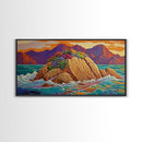 Island Sunset, Coastal Flowers, Ocean Rocks, Framed Canvas Print, Tropical Landscape Wall Art, Colorful Living Room Art, Entryway Decor