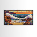 Sunset Surf, Crashing Waves, Coastal Mountains, Canvas Print, Vibrant Seascape Wall Art, Beach House Art, Bathroom Ocean Decor
