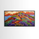 Wildflower Mountain, Sunrise, Hillside, Framed Canvas Print Bold desert landscape, colorful botanical art, boho Fall bedroom decor