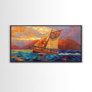 Sailboat Sunset, Ocean, Adventure, Framed Canvas Print Nautical coastal wall art, colorful seascape, bold living room decor