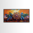 Mandala Sunset, Leaves, Ornament, Framed Canvas Print, spiritual boho wall decor, entryway wall art, zen home sacred symbol painting
