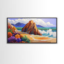 Rocks Beach, Flowers, Ocean, Framed Canvas Print, colorful tropical seascape, modern coastal wall art, bright nature themed decor